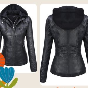 Women's Removable Hood Faux Leather Jacket XXL in Black